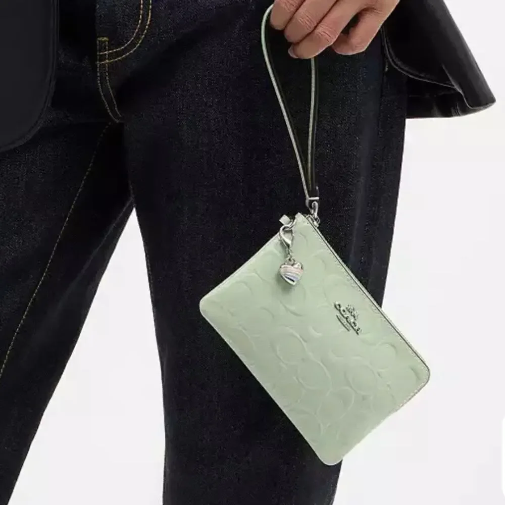 Coach Zip Corner Wristlet In Mint Green Leather with Heart Charm NWT CDF04